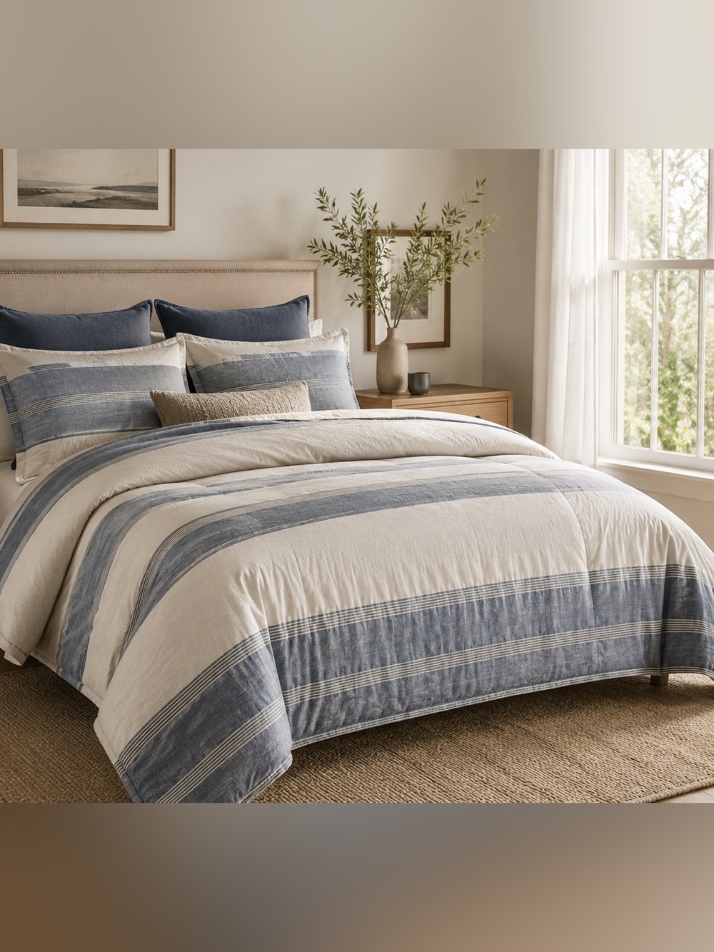 Hotel Collection Blue and Cream Striped Cotton Duvet